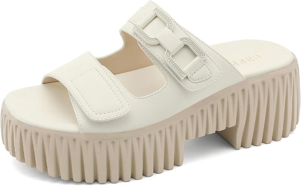 UBFEN Womens Platform Wedge Sandals White Size 7 Double Strap Buckle New